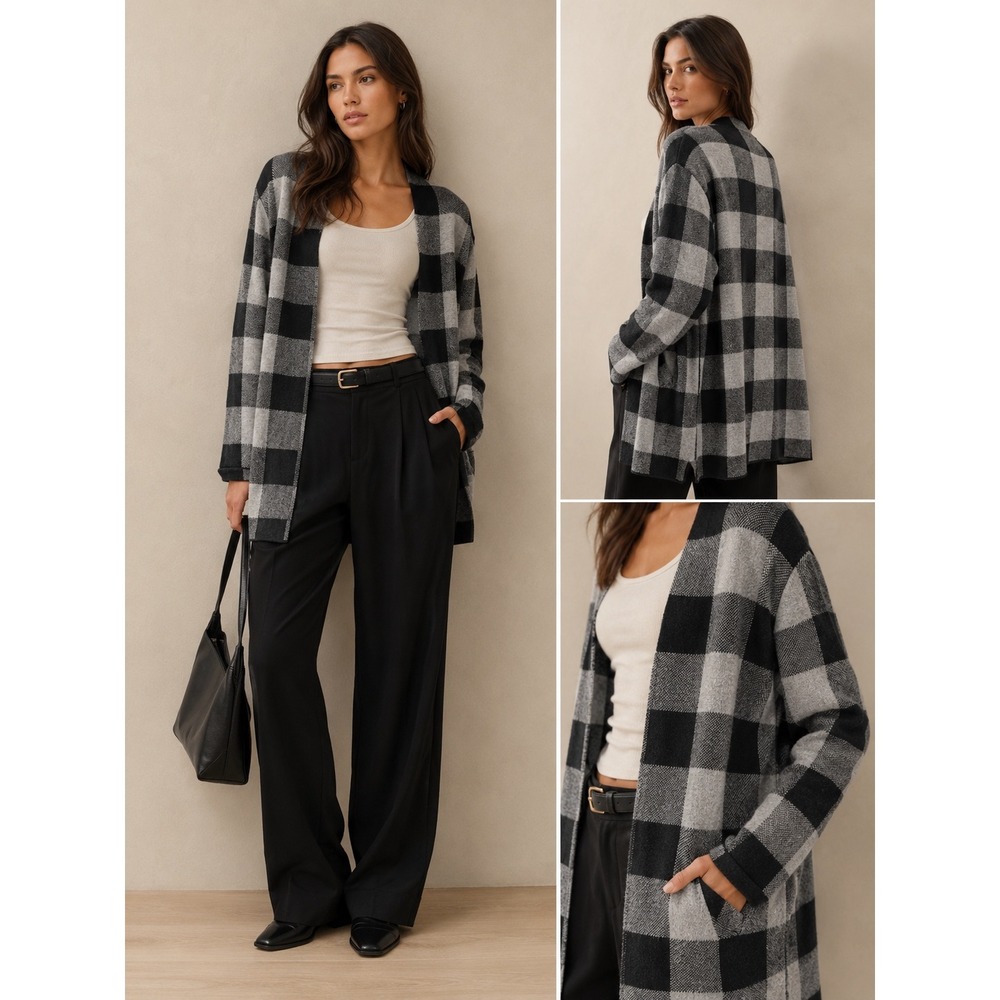 Talbots Petite Black Grey Buffalo‎ Plaid Open Front Cardigan Sweater LP
